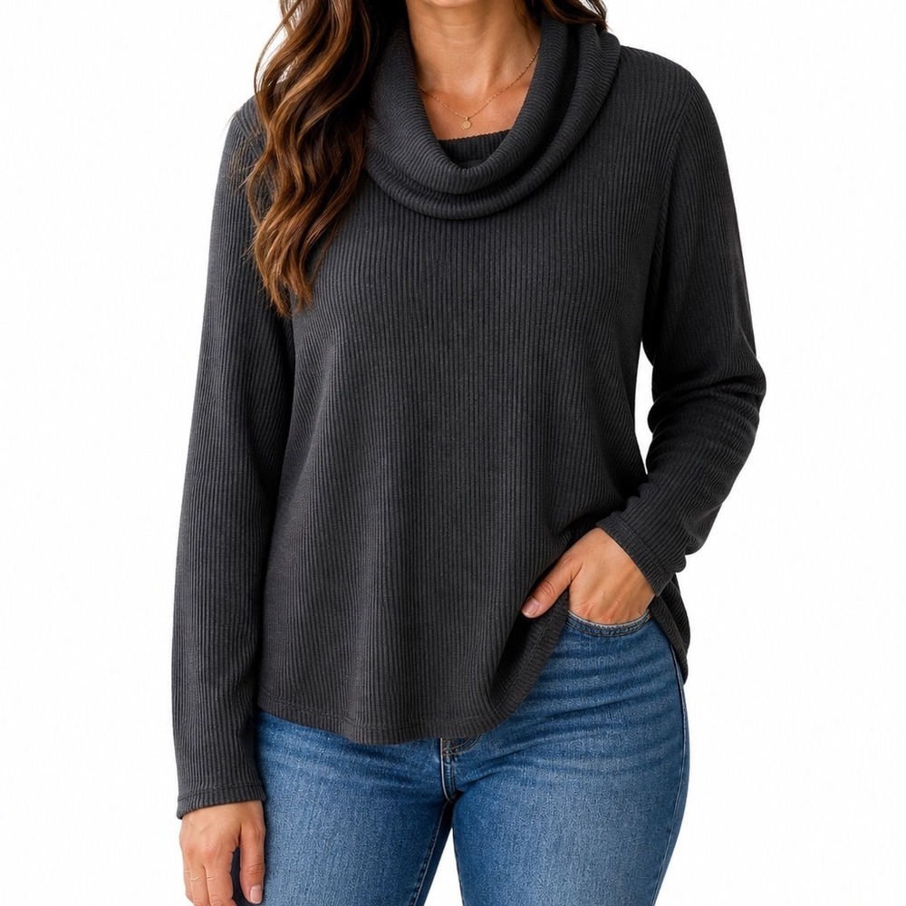Terra & Sky Charcoal Grey Ribbed Cowl Neck Pullover Top Plus Size 1X 16W-18W